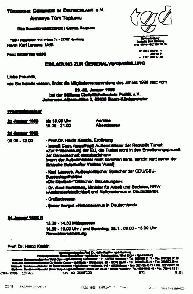 Karl Lamers MdB - TGD Einladung zur Generalversammlung vom 16.01.1998 - unterschrieben vom Prof. Dr. Hakki Keskin --> weiter zum Lamers-2 und dann ---> Weiter zum "Seminar"