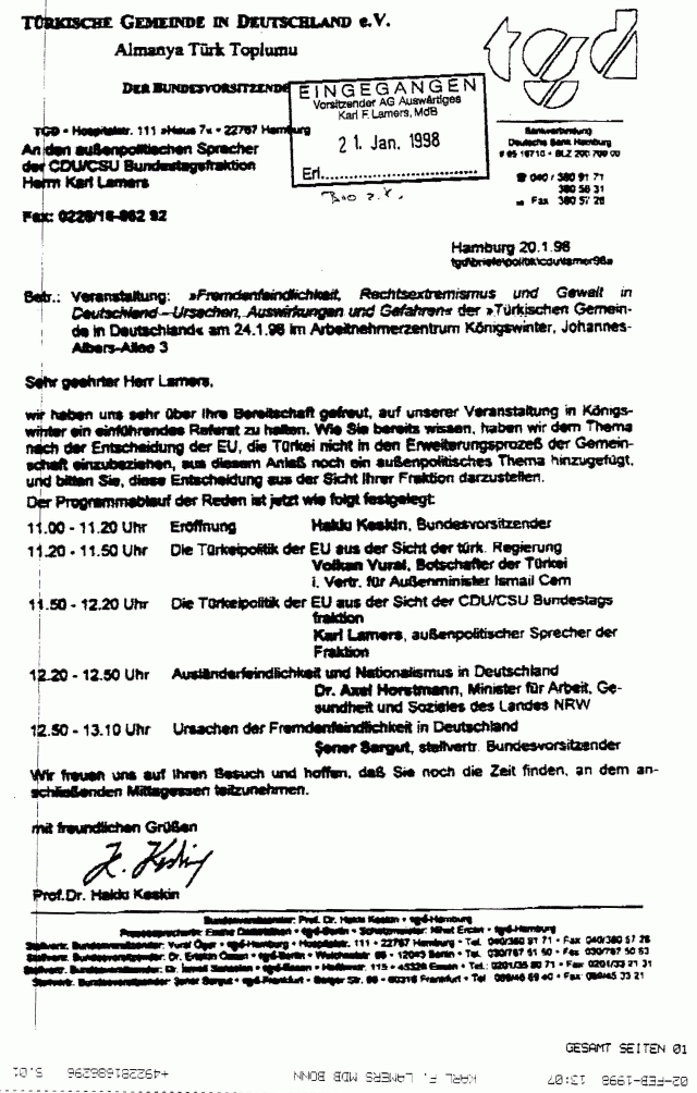 Karl Lamers MdB - TGD Einladung zur "Veranstaltung" vom 20.01.1998 - unterschrieben vom Prof. Dr. Hakki Keskin -->  ---> Weiter zum "Seminar"
