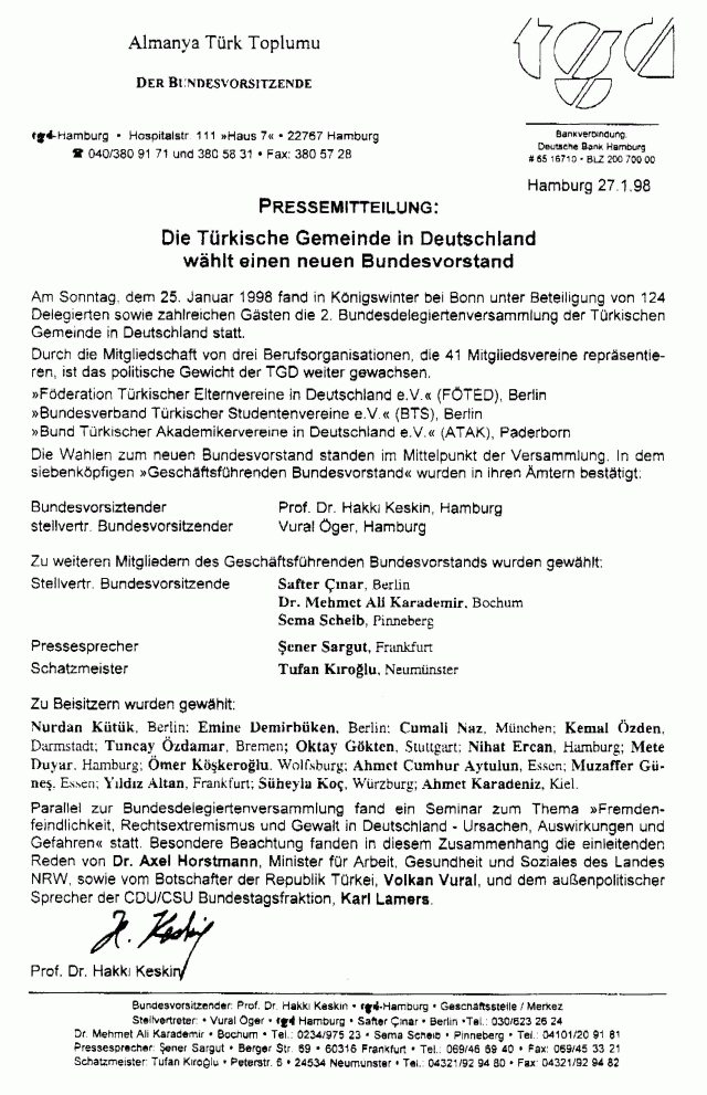 TGD Pressemitteilung vom 27.01.1998 - unterschrieben vom Prof. Dr. Hakki Keskin  ---> Weiter zum "Seminar"
